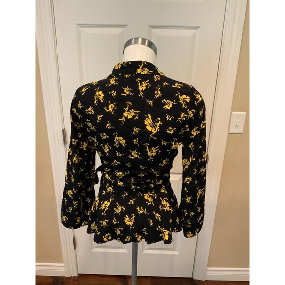Ganni Black & Yellow Floral Crepe Wrap Top, Size XS (US) 34 (EU) NWT! - Picture 5 of 6